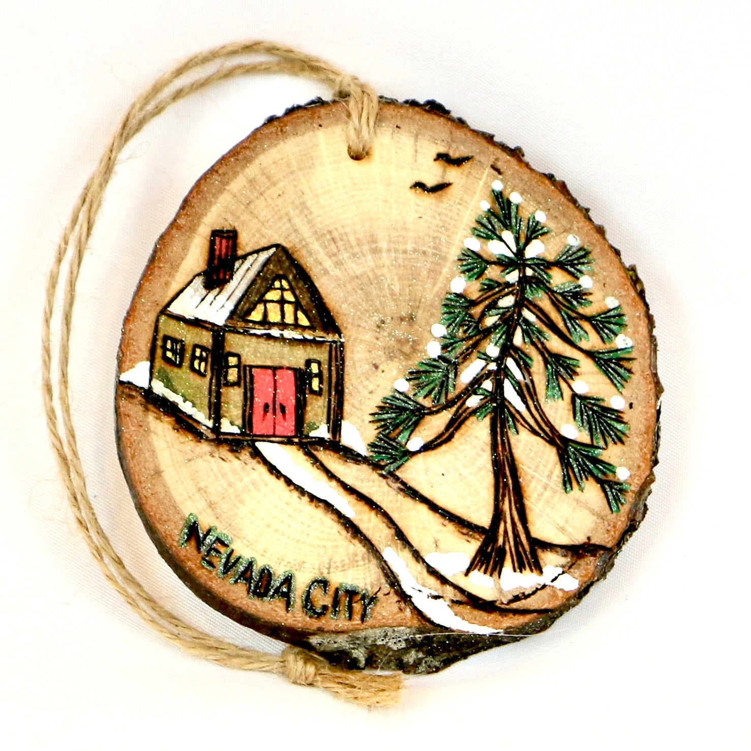 wood burned ornament hand painted winter scene | Nevada City Arts